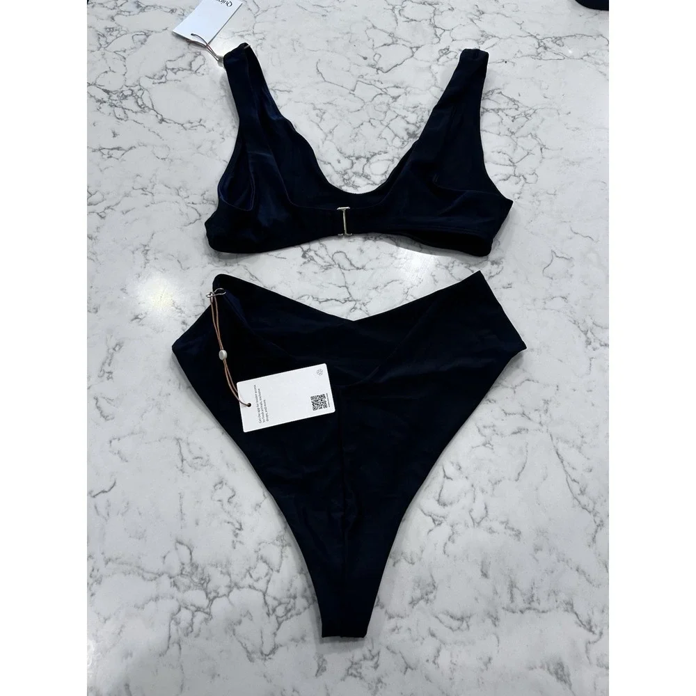 NWT Quince Black Italian Plunge Bikini Top & V Cut High Leg Bottom Set Medium